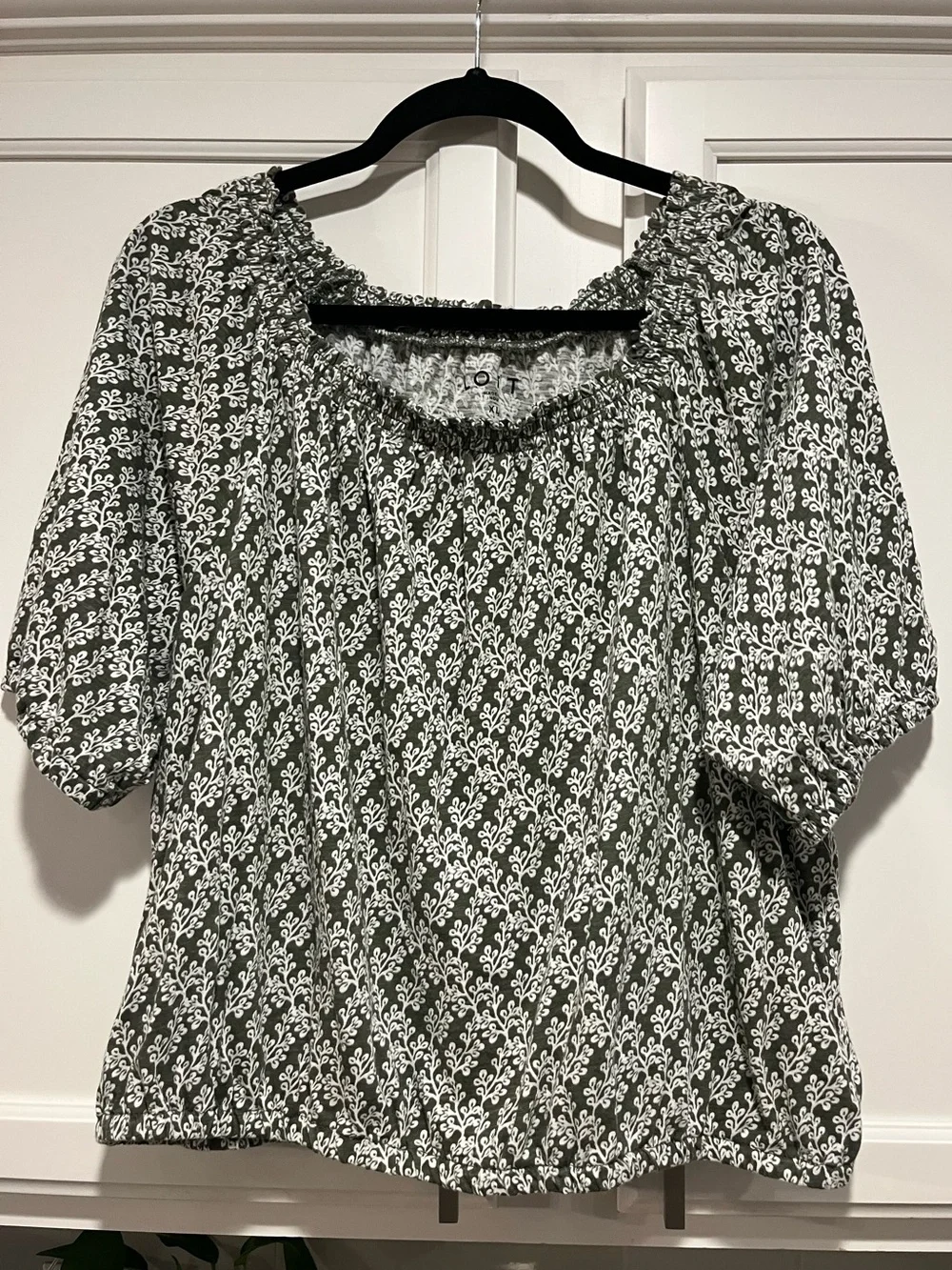 Smocked Neck Puff Sleeve Blouse - Olive Floral